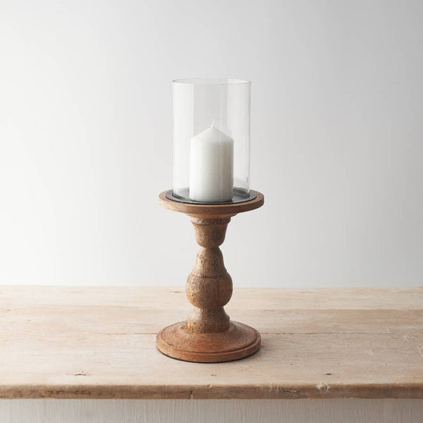 Large Wood Glass Pillar Candle Holder, 35cm