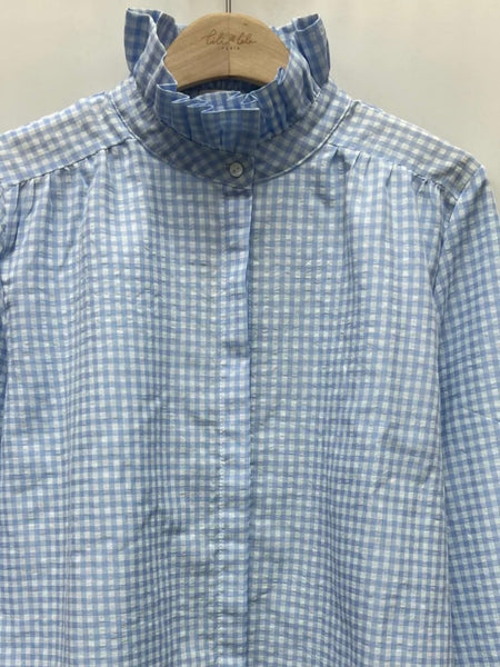 Blue Gingham Frill High Collar Blouse By Lili and Lala