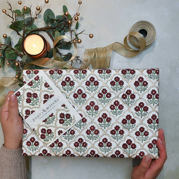 Block Printed Wrapping Paper Sheets - Trellis Cherry
