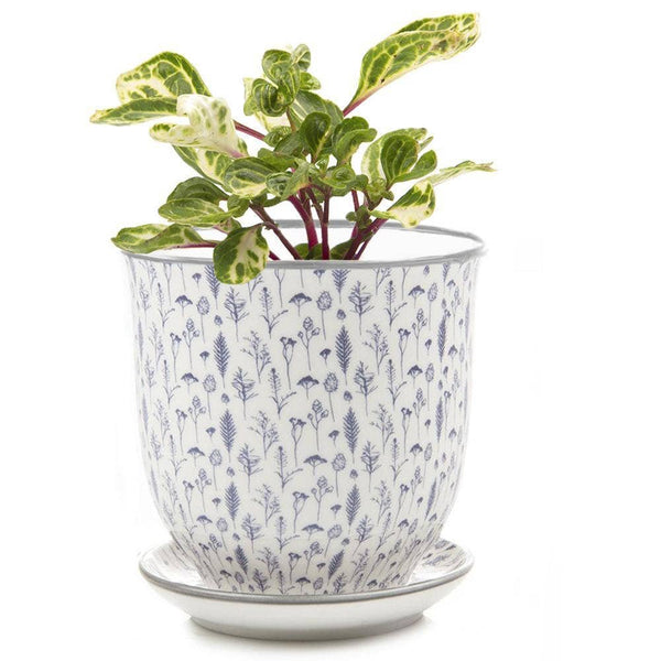 Blue Ceramic Pot with Saucer and Drainage Hole