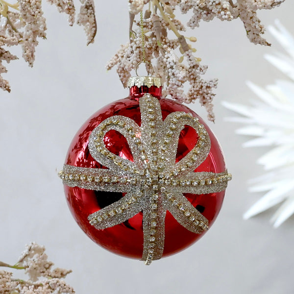 Red Large Bauble With Glitter Bow