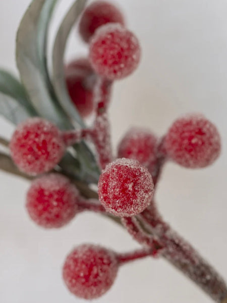 Faux Iced Red Berry Sprig With Frosted Leaves