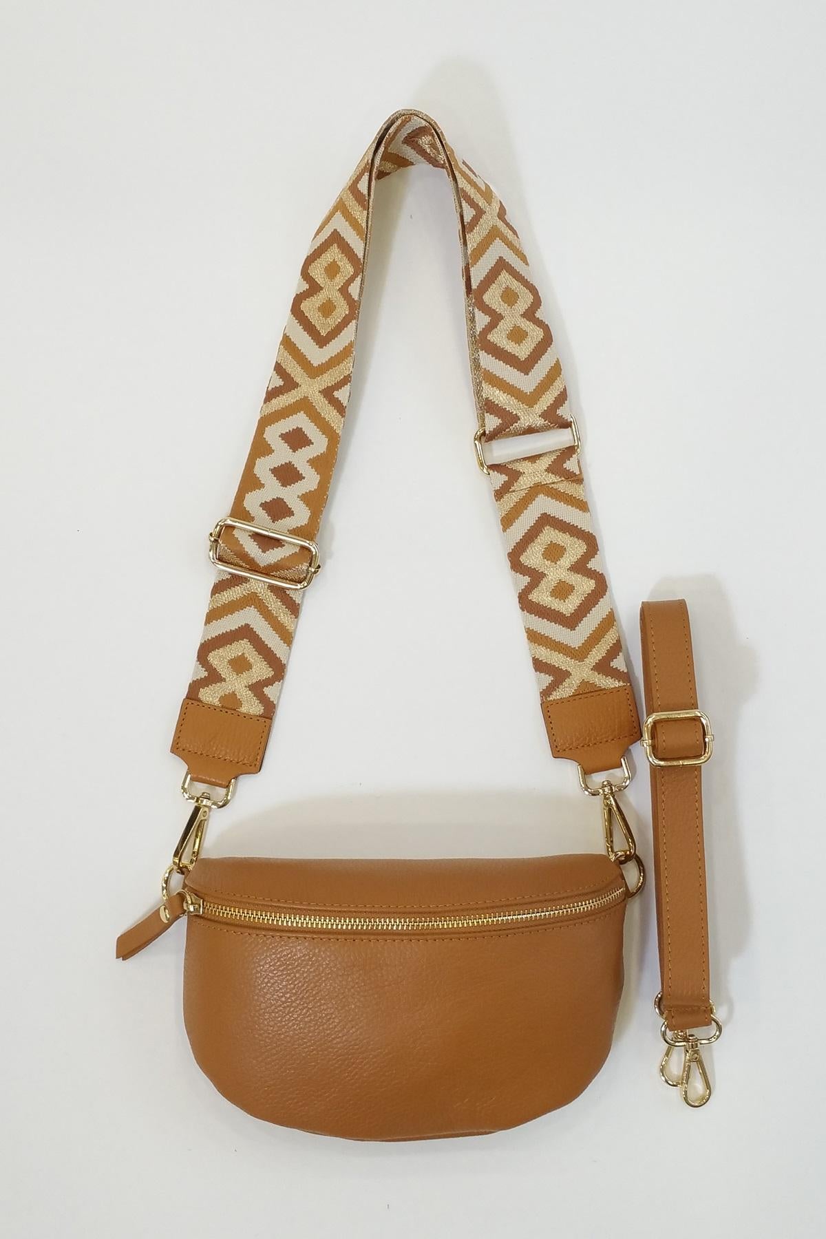 Camel Leather Cross Body Bag With Patterned Strap