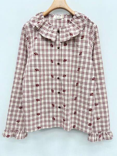Burgundy Check Sprig Peter Pan Collar Blouse By Lili and Lala