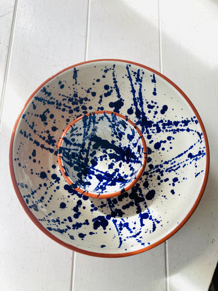 Blue Splash Glazed Terracotta Serving Bowl