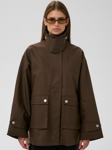 Chocolate Funnel Collar Barn Jacket by Soaked
