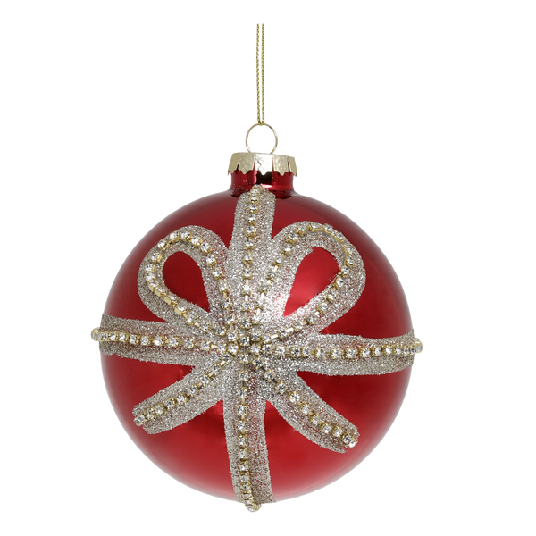 Red Large Bauble With Glitter Bow