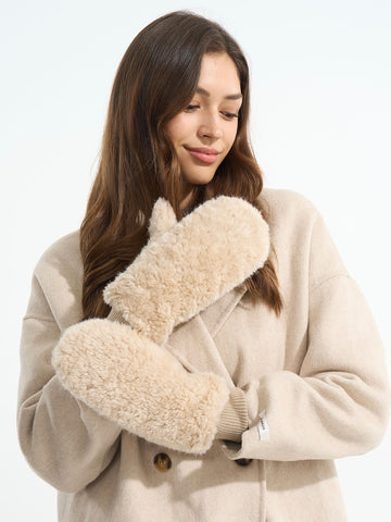 Beige Faux Fur Mittens