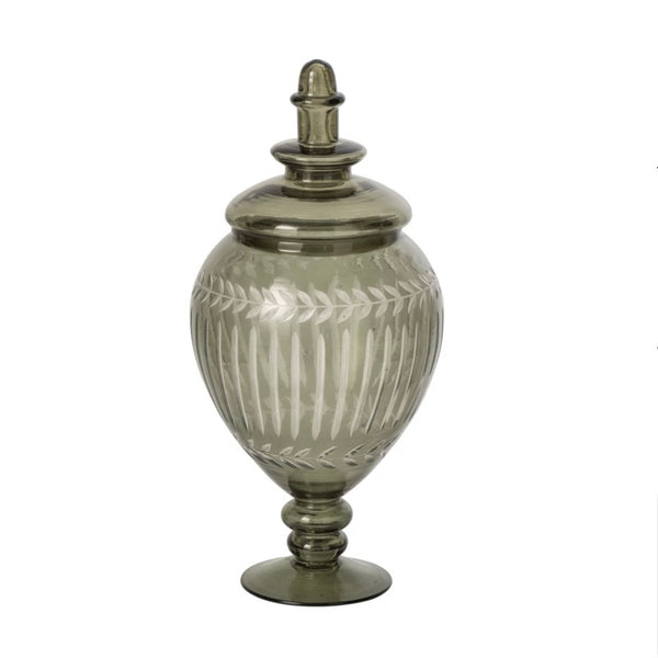 Olive Green Ornate Glass Storage Jar