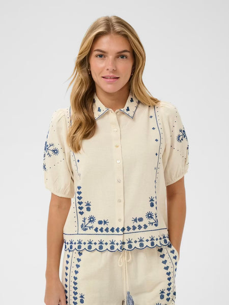 Cream Embroidered Linen Mix Shirt By Saint Tropez