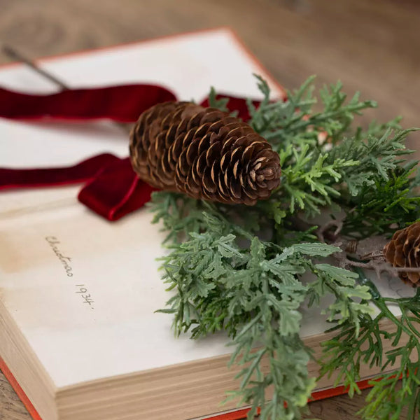 Foliage & Firecone Sprig With Velvet Ribbon By Grand Illusions