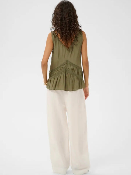 Olive V Neck Top With Lace Trim by Soaked