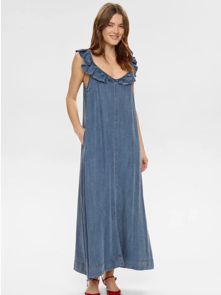 Denim Frill Neck Maxi Dress by Numph