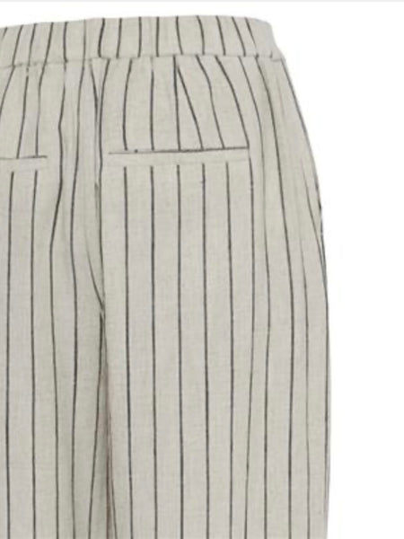 Beige Pinstripe Linen Blend Wide Trousers by B Young