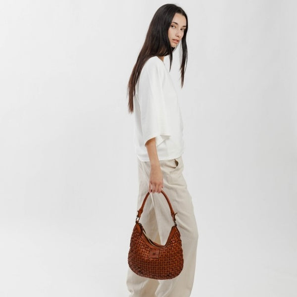 Tan Kansas Half Moon Woven Bag by Biba