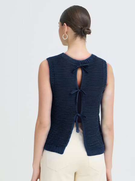 Navy Cotton Bow Back Knit by Ichi