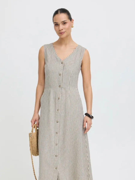 Tan Stripe Linen Shirt Dress by B Young