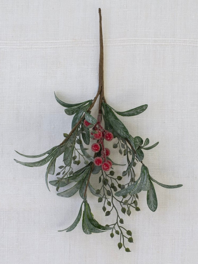 Faux Iced Red Berry Sprig With Frosted Leaves