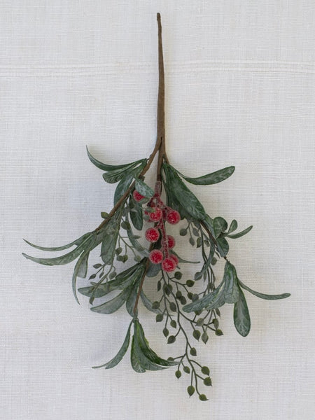 Faux Iced Red Berry Sprig With Frosted Leaves