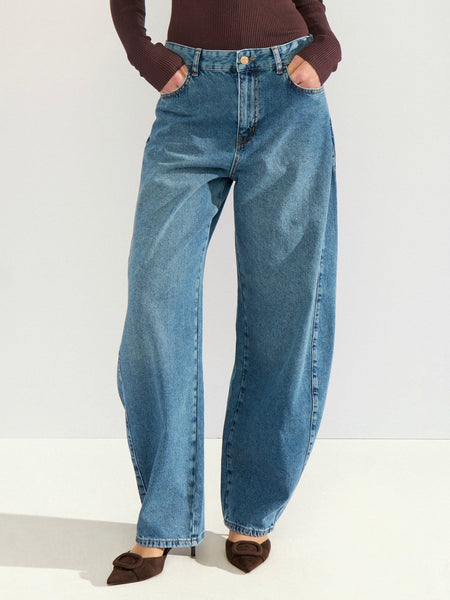 Mid Blue Denim High Rise Barrel Jeans by Nümph