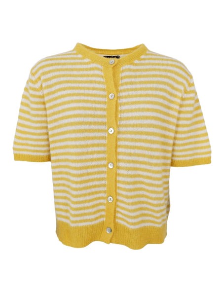Yellow Short Sleeve Stripe Cardigan by Black Colour