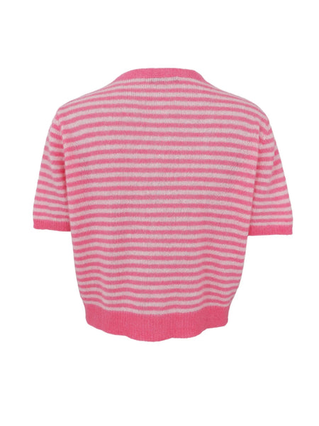 Pink Short Sleeve Stripe Cardigan by Black Colour