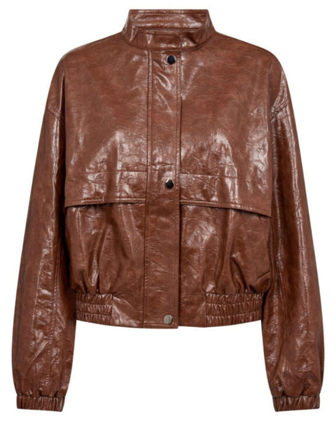 Cognac Faux Leather Bomber Jacket by Co Couture