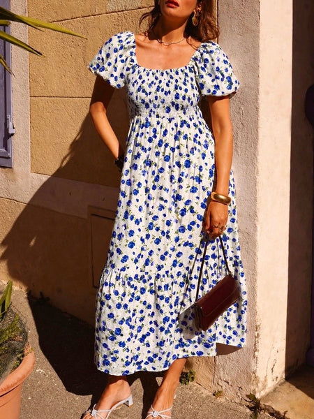 Blue Floral Smock Dress