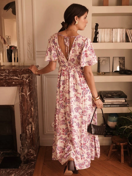 Fuchsia Paisley Fluted Sleeve Maxi Dress