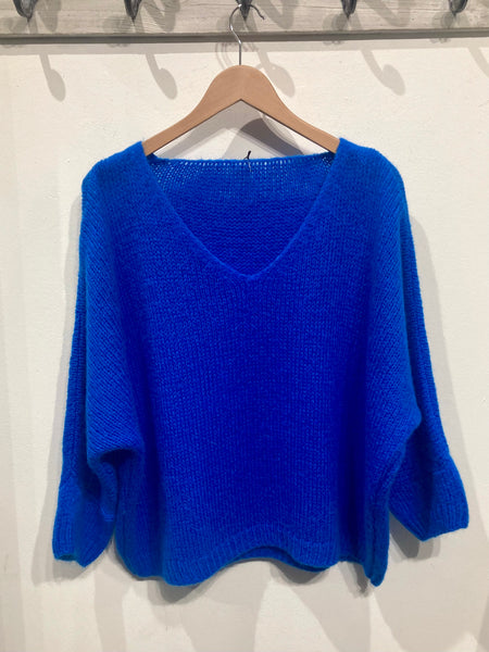 Cobalt Blue V-Neck Mohair Boyfriend Jumper