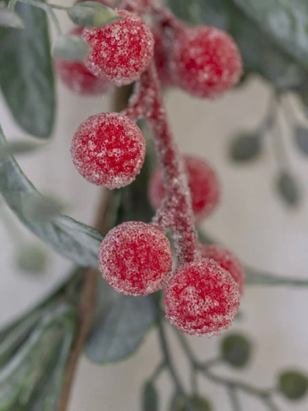 Faux Iced Red Berry Sprig With Frosted Leaves