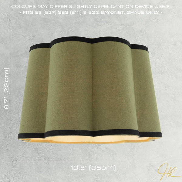 Olive Green Linen Scallop Lamp Shade with Black Cotton Trims