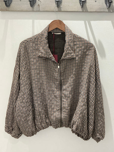 Brown Check Zip Cotton Bomber Jacket