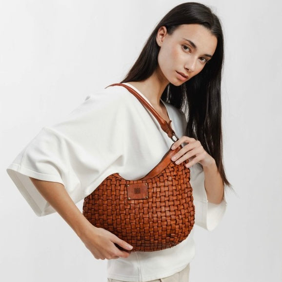 Tan Kansas Half Moon Woven Bag by Biba