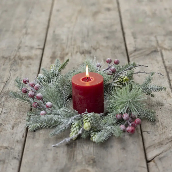 Foliage & Red Berry Snowy Candle Ring By Grand Illusions