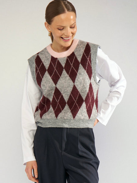 Burgundy Argyle Knitted Tank by Numph