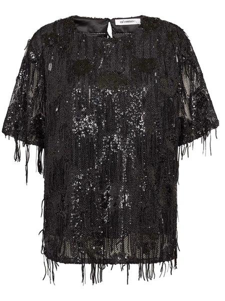 Black Sequin Short Sleeve Blouse