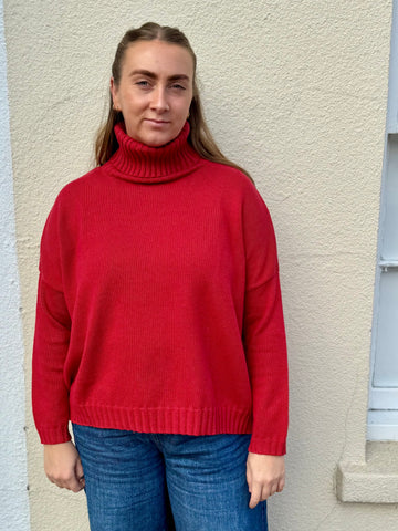 Red Chunky Cotton Polo Neck Jumper