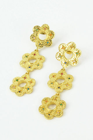 Gold Rainbow Crystal Triple Flower Drop Earrings by My Doris