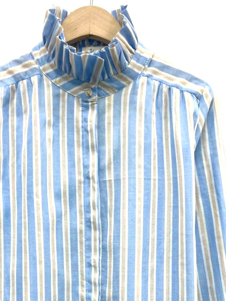 Blue Stripe Frill High Collar Blouse By Lili and Lala