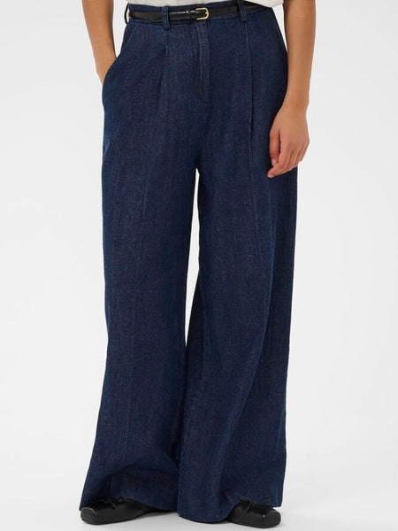 Dark Blue Linen Mix Wide Leg Jeans By Soaked