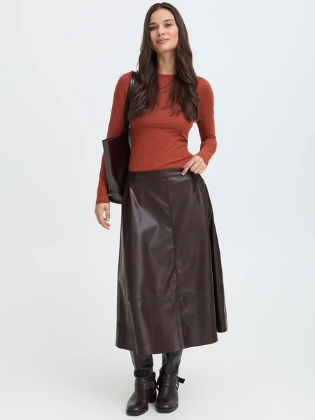 Chocolate Faux Leather Midi Skirt by B.Young