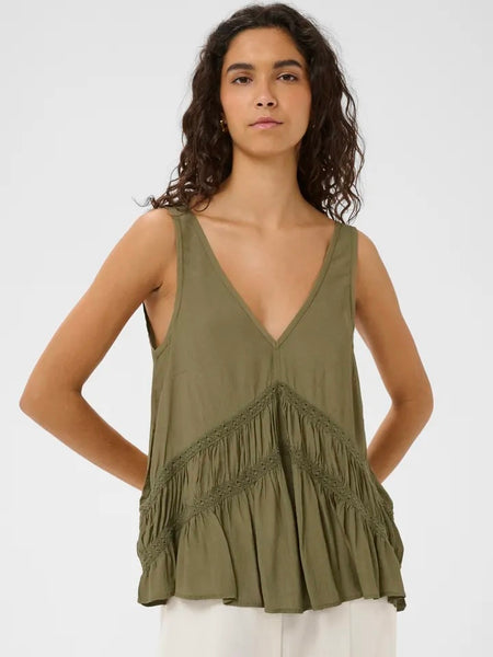 Olive V Neck Top With Lace Trim by Soaked