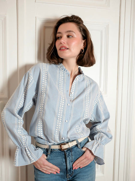 Blue Check Frill Collar Blouse by Lovie and Co