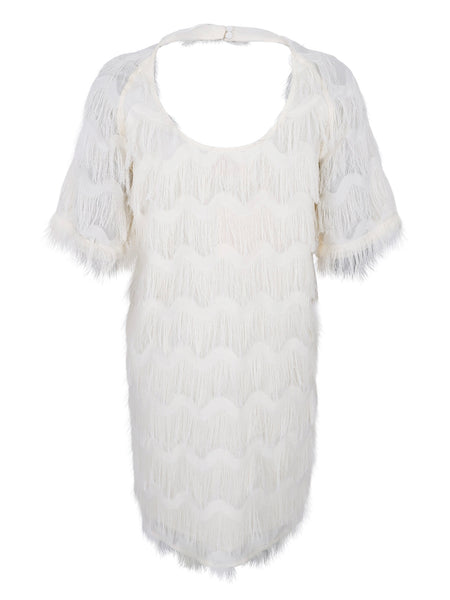 Winter White Tassel Shift Dress by Black Colour