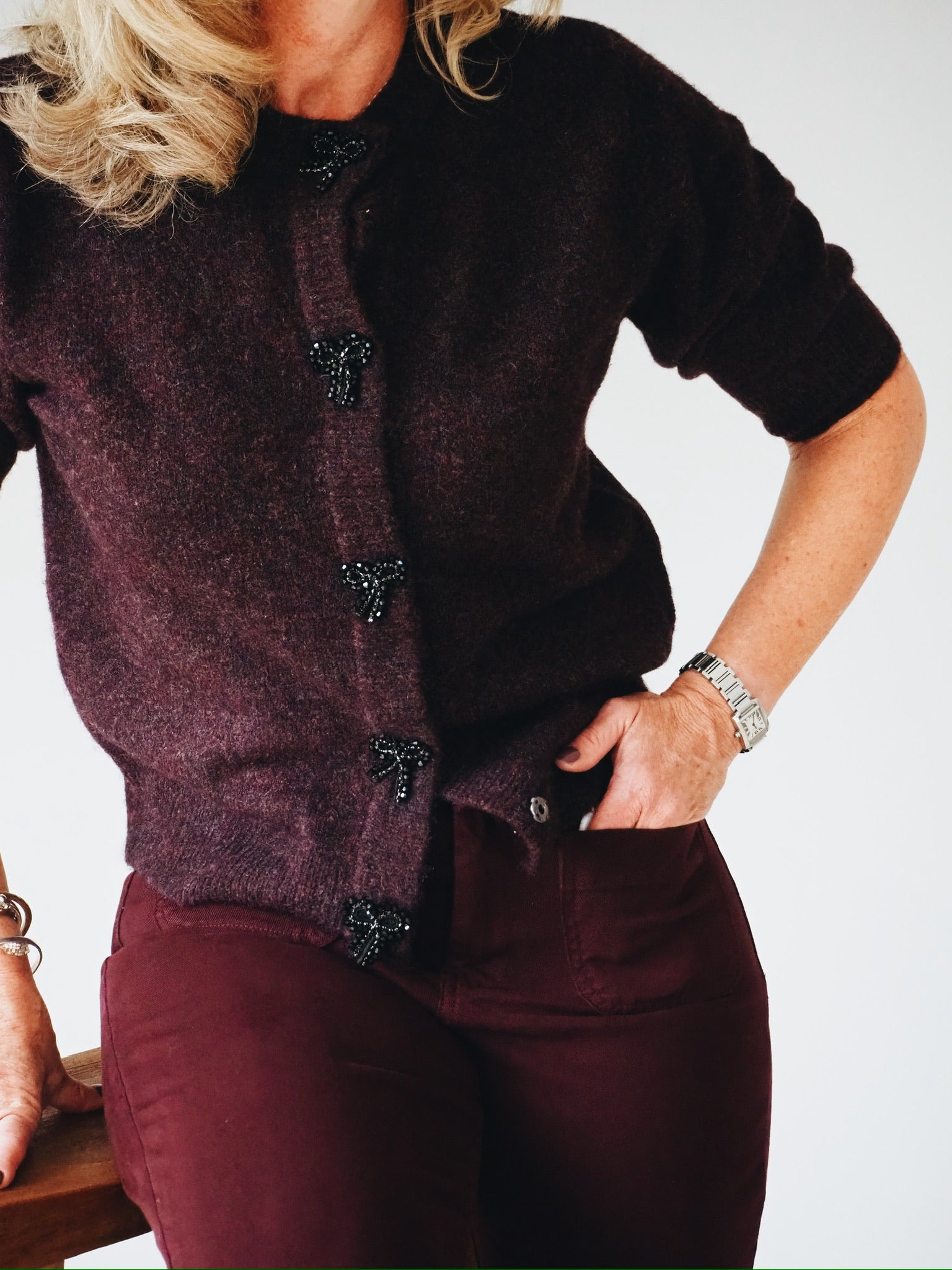 Burgundy Cardigan Beaded Bows by B Young