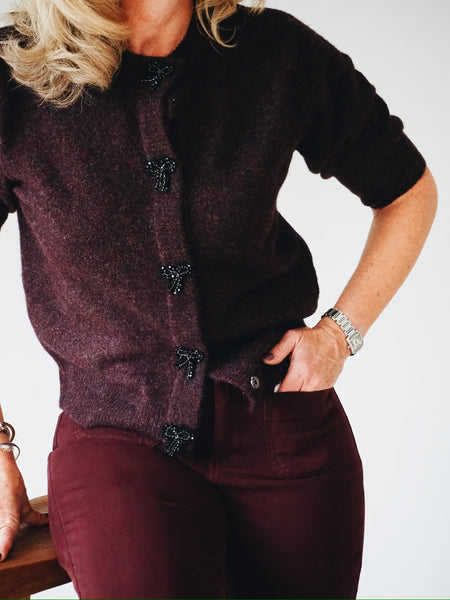Burgundy Cardigan Beaded Bows by B Young