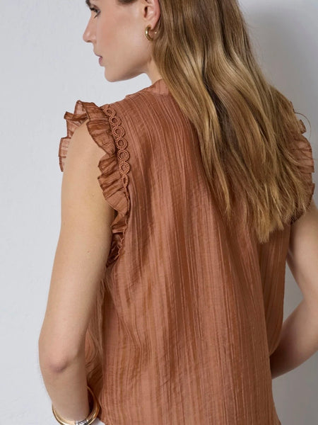 Tan Ruffle Sleeve Blouse by Co Couture