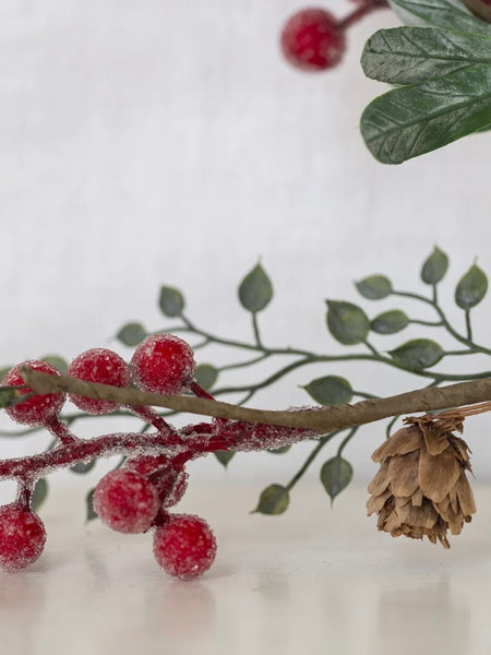 Faux Iced Red Berry Sprig With Frosted Leaves