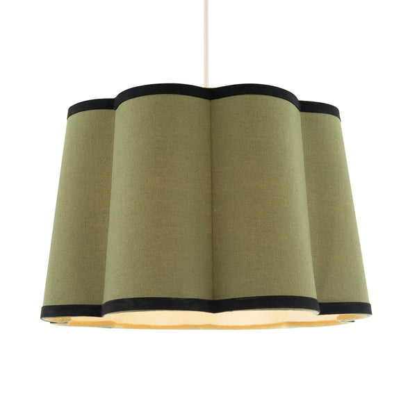 Olive Green Linen Scallop Lamp Shade with Black Cotton Trims